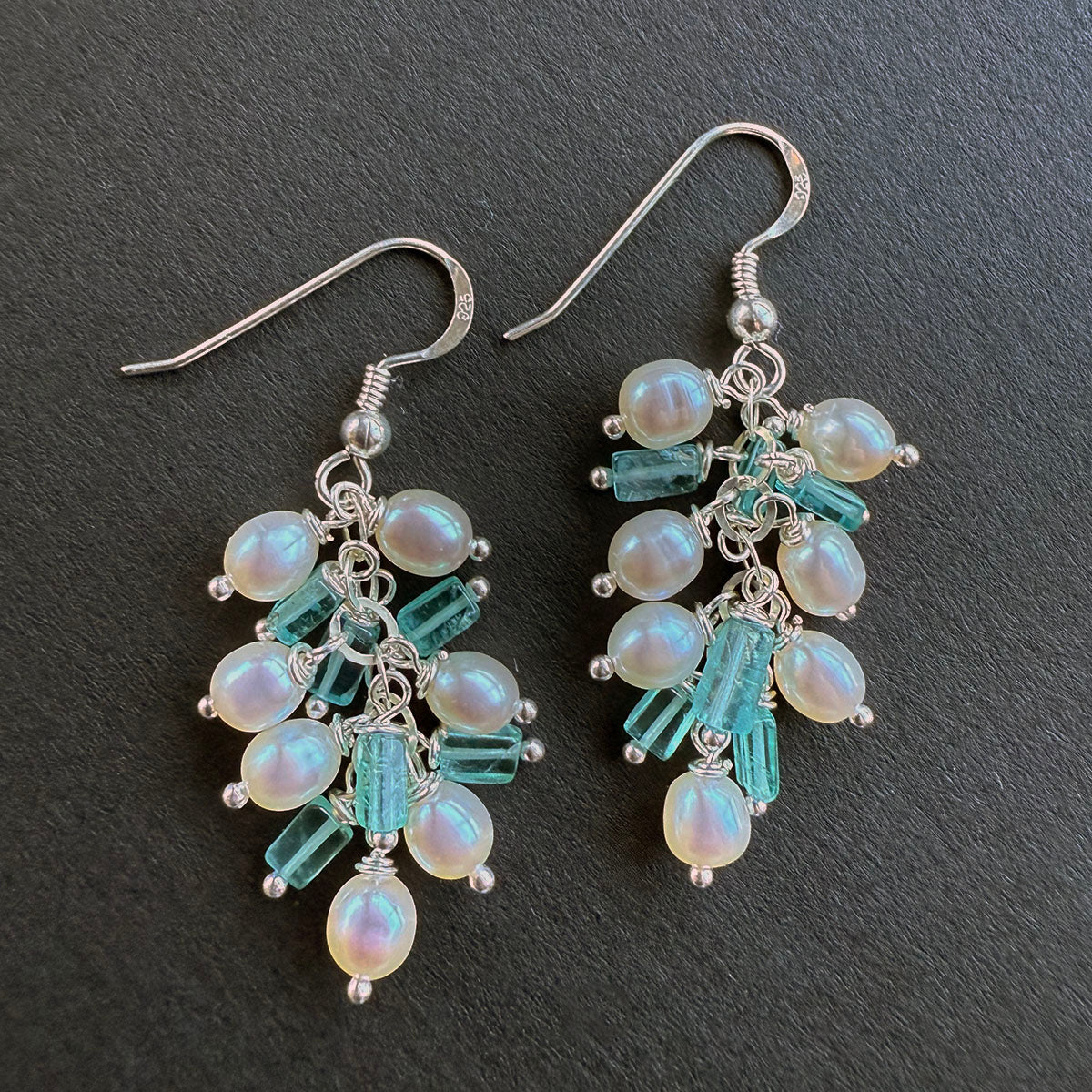 Blue Apatite and Pearl Cluster Drop Earrings on Sterling Silver by Linda Queally