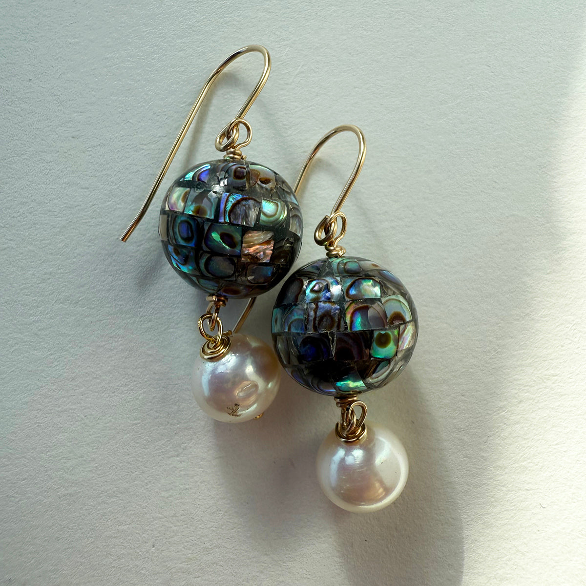 Abalone Inlay Mosaic Earrings with Pearl Drop on 14k GF Ear Wires by Linda Queally