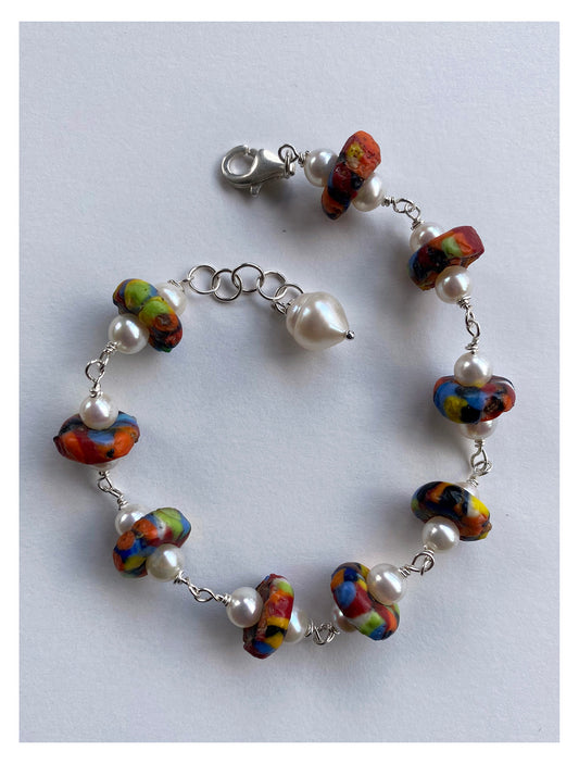 African Recycled Glass and Freshwater Pearl Bracelet by Linda Queally