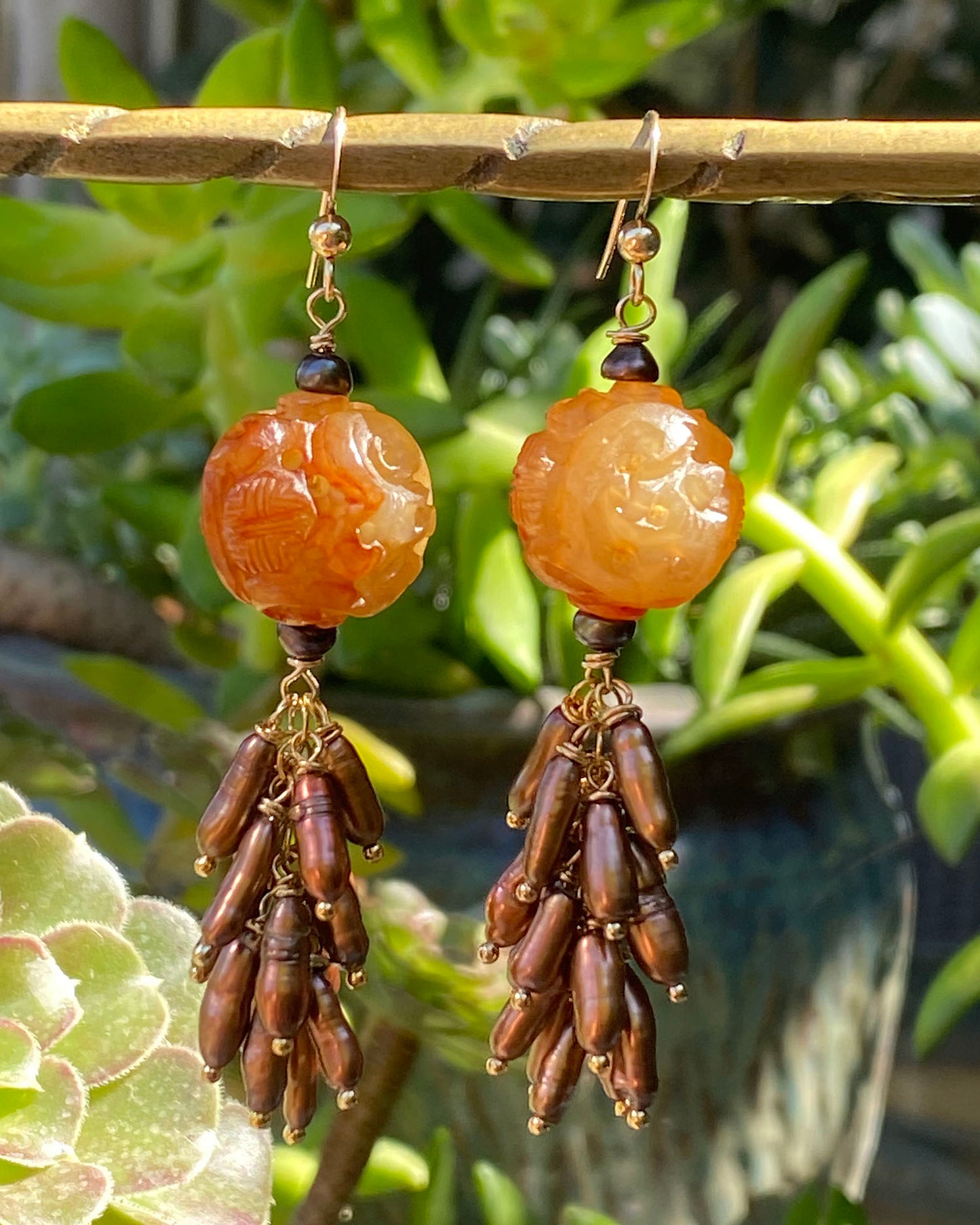 Vintage Chinese Carved Agate with Bronze Freshwater Pearl Cluster Jellyfish Earrings by Linda Queally