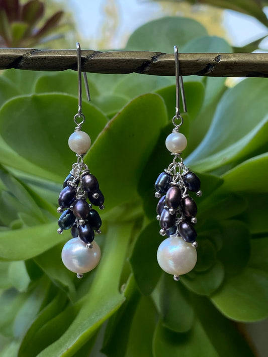 Black and White Freshwater Pearl Cluster Drop Earrings by Linda Queally