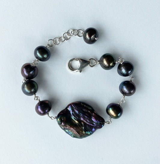 Black Freshwater Bracelet with Large Centerpiece Pearl by Linda Queally