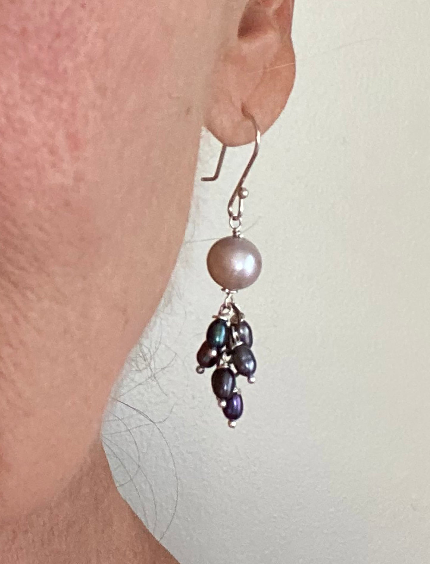 Mauve Freshwater Pearl Jellyfish Earrings with Black Cluster Drop Earrings by Linda Queally