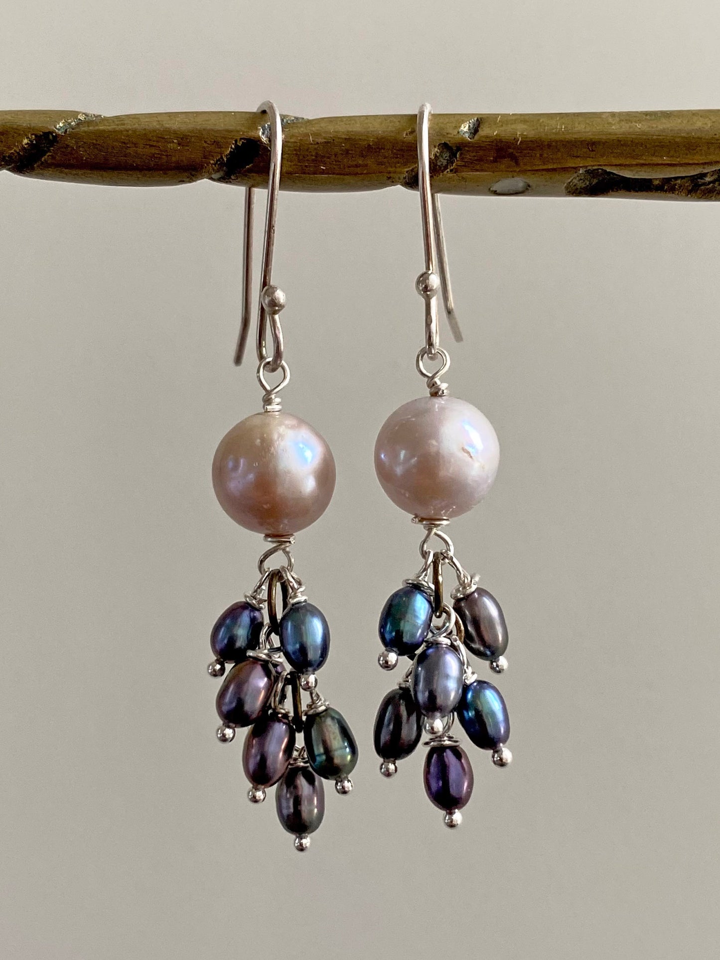 Mauve Freshwater Pearl Jellyfish Earrings with Black Cluster Drop Earrings by Linda Queally