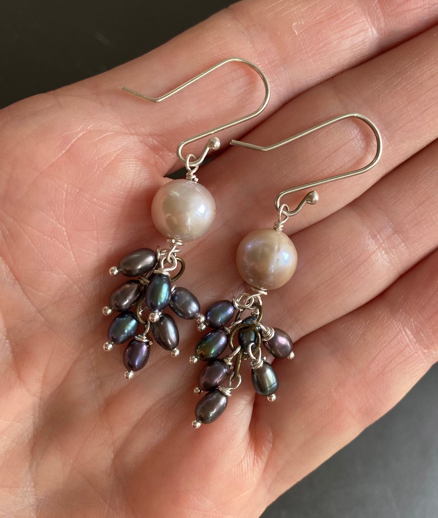Mauve Freshwater Pearl Jellyfish Earrings with Black Cluster Drop Earrings by Linda Queally