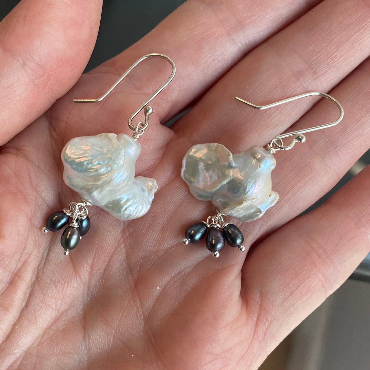 White Baroque Freshwater Pearls with Black Cluster Drop on Sterling Silver by Linda Queally