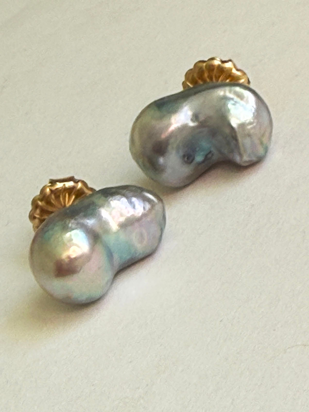 Blue Akoya 8-12mm Baroque Pearl Stud Earrings with a Flash of Lavender by Linda Queally