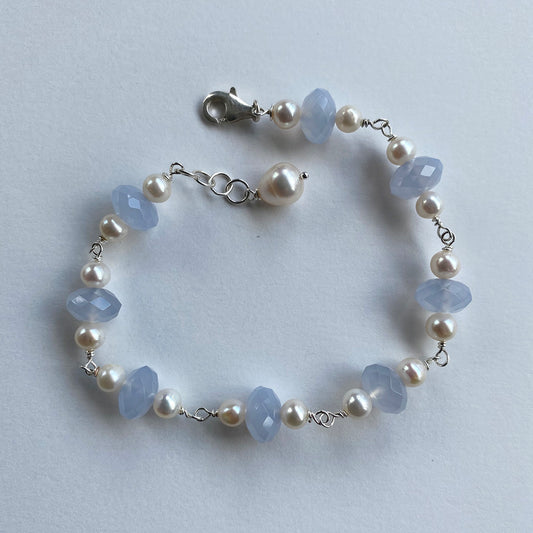 Freshwater Pearl and Faceted Blue Chalcedony Bracelet by Linda Queally