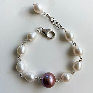 Rose Lavender Round with White Teardrops Freshwater Pearl Bracelet by Linda Queally