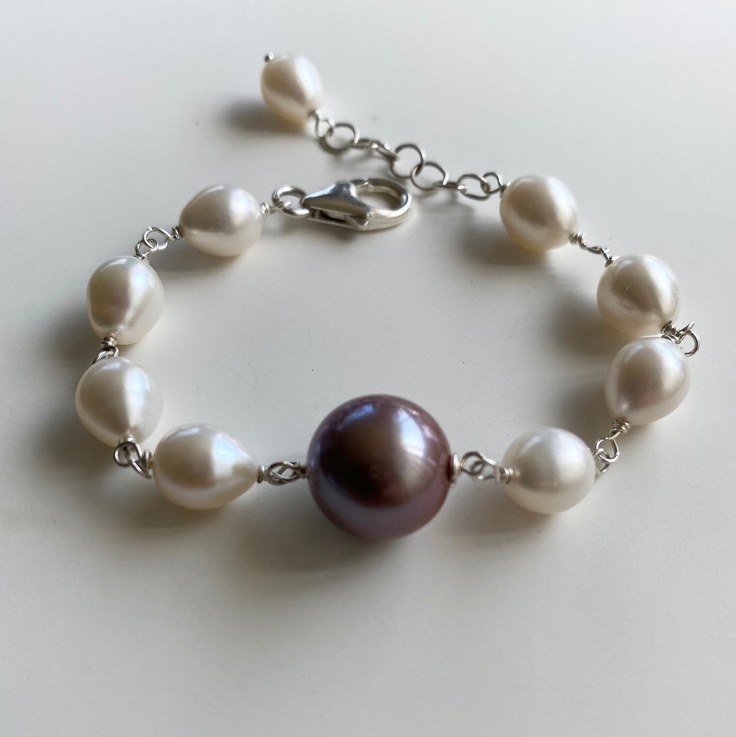 Bronze Lavender Round with White Teardrop Freshwater Pearl Bracelet by Linda Queally