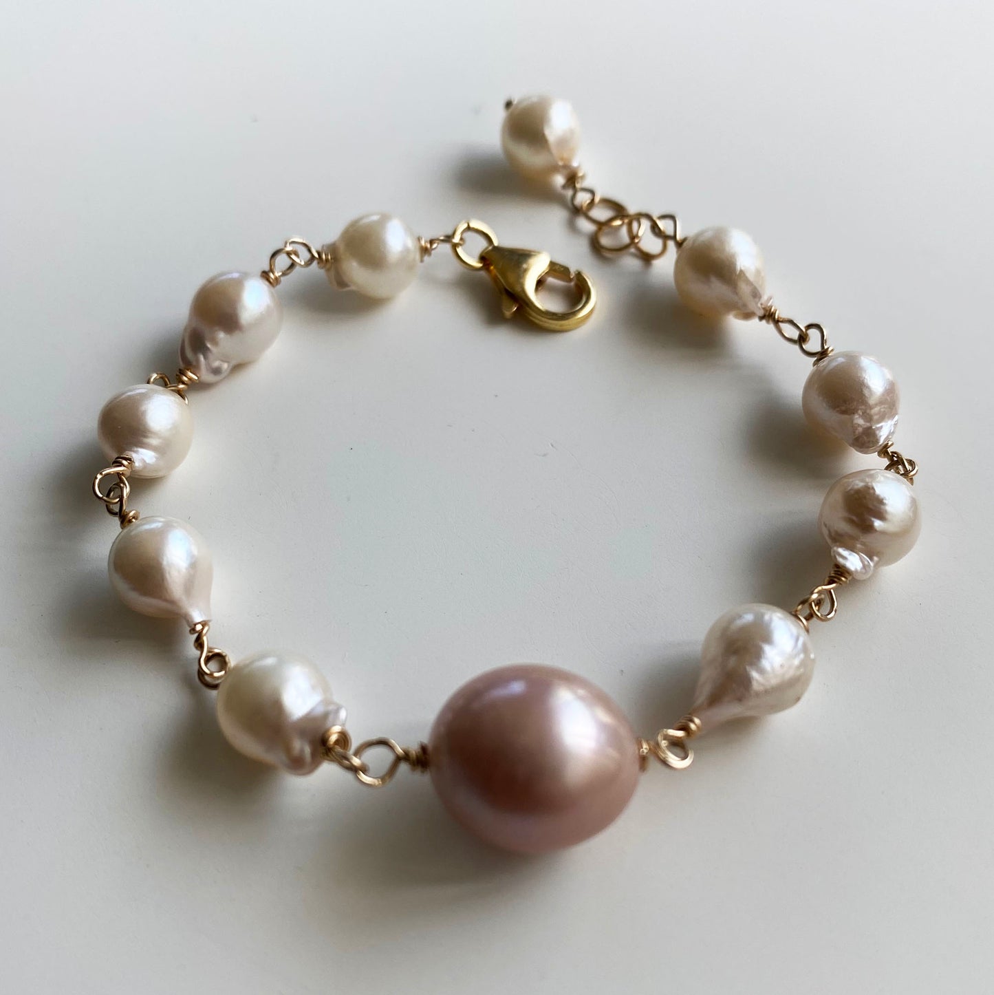 Dusty Peach Oval Freshwater with Creamy Akoyas Pearl Bracelet by Linda Queally