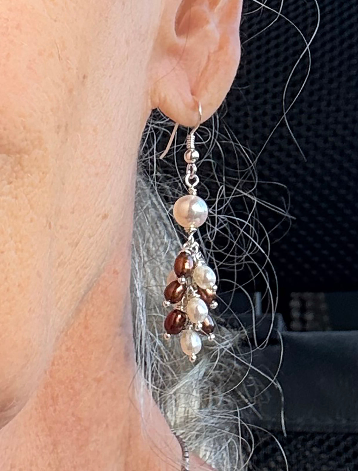 Bronze and White Short Freshwater Pearl Jellyfish Earrings on Sterling Silver Ear Wires by Linda Queally