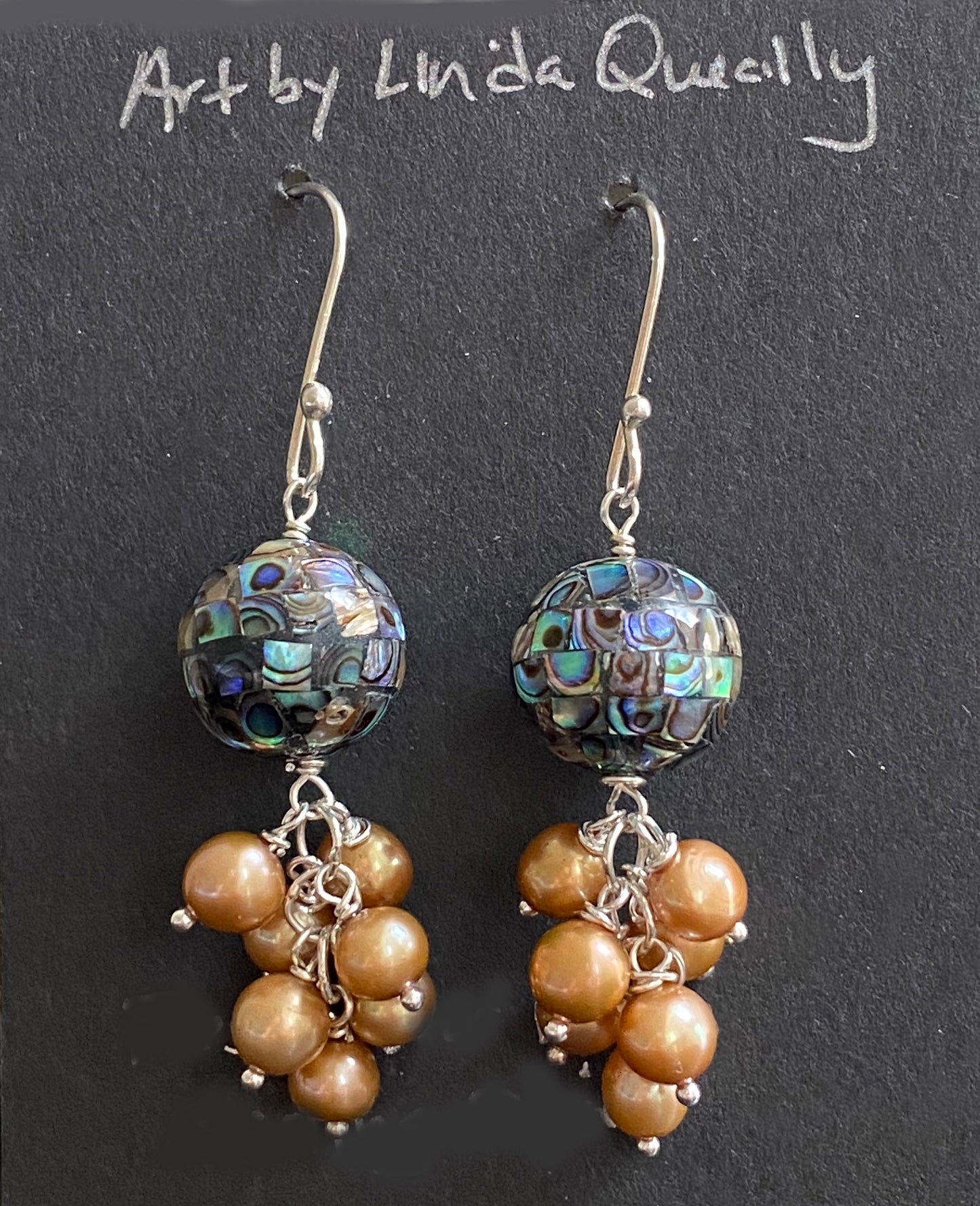 Inlay Abalone Jellyfish Earrings with Gold Pearl Cluster Drop by Linda Queally