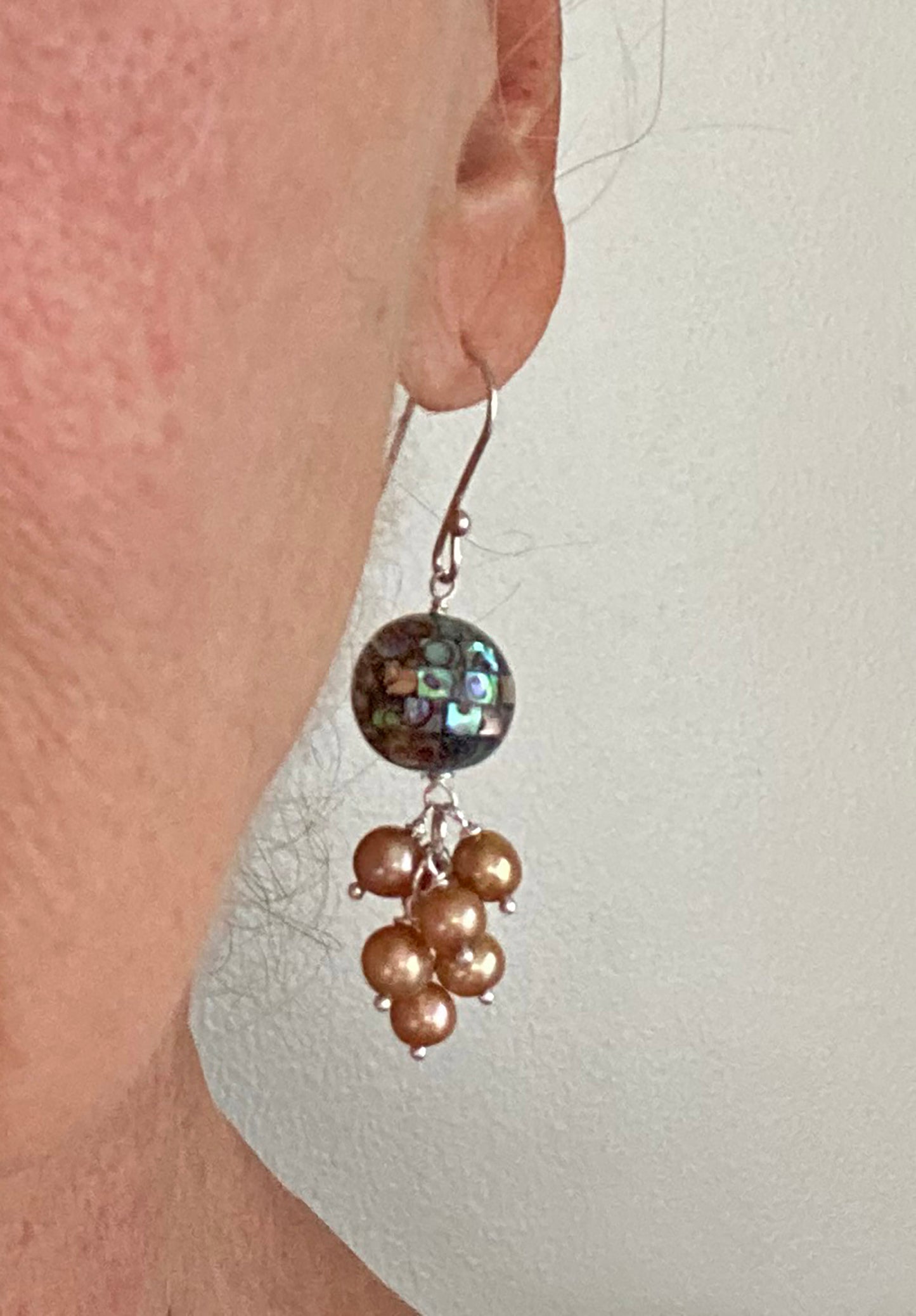 Inlay Abalone Jellyfish Earrings with Gold Pearl Cluster Drop by Linda Queally