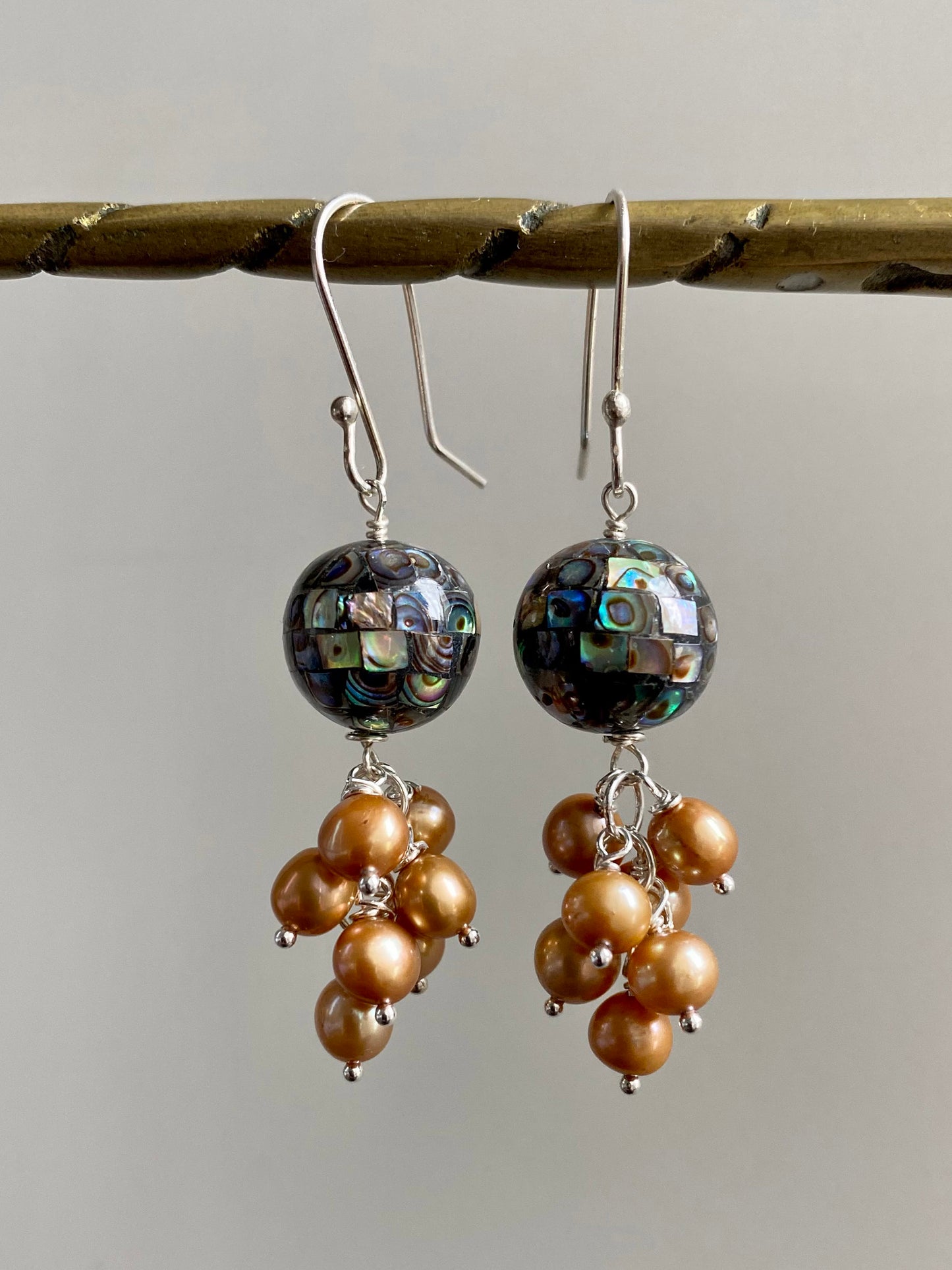 Inlay Abalone Jellyfish Earrings with Gold Pearl Cluster Drop by Linda Queally