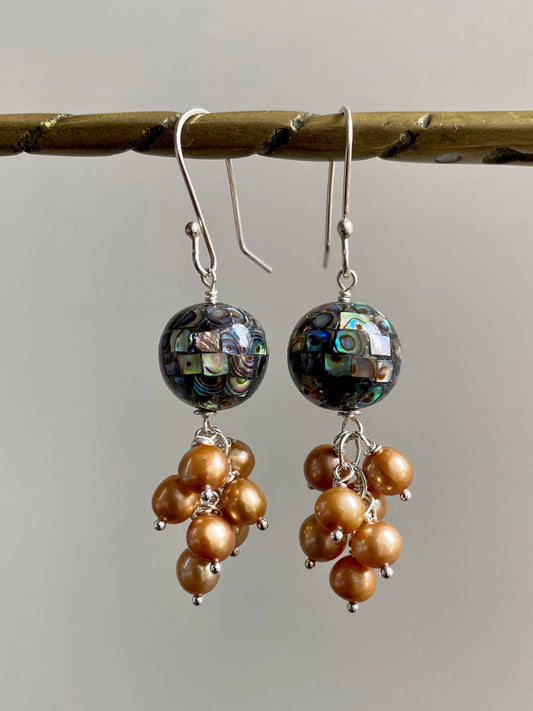 Inlay Abalone Jellyfish Earrings with Gold Pearl Cluster Drop by Linda Queally