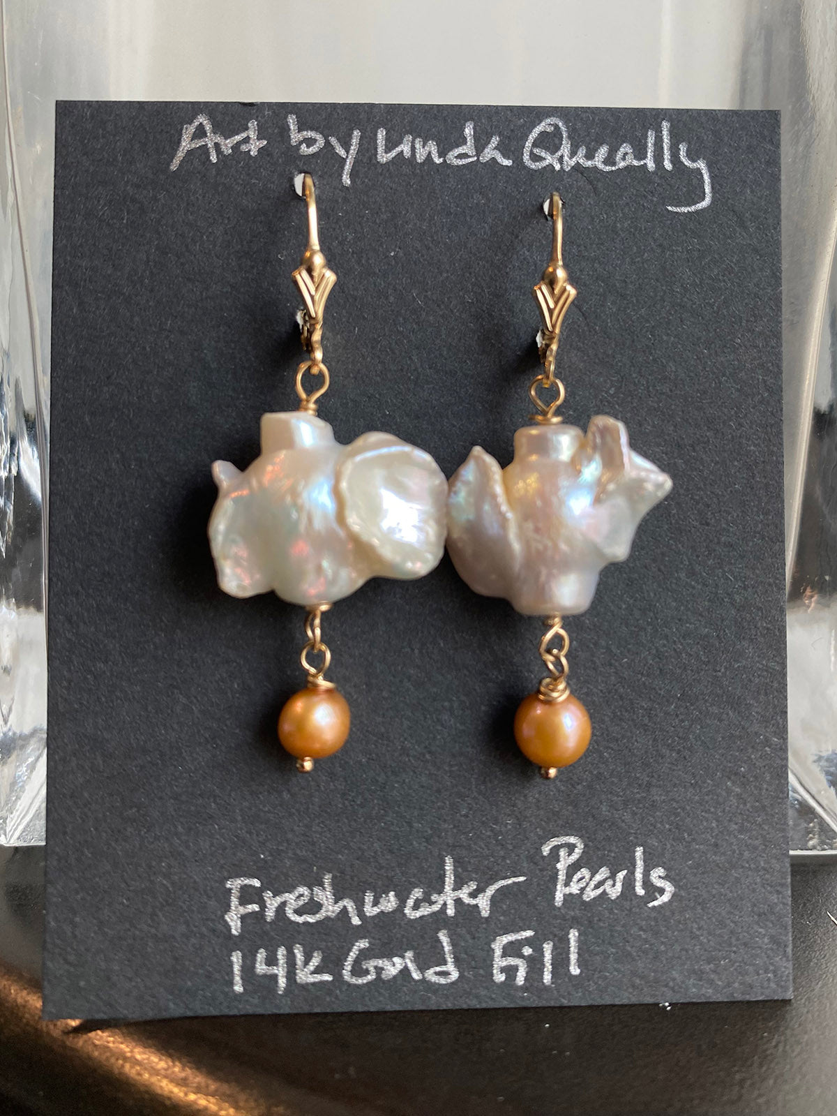 White Baroque Pearls with Gold Drop on 14k Gold Filled Wires by Linda Queally