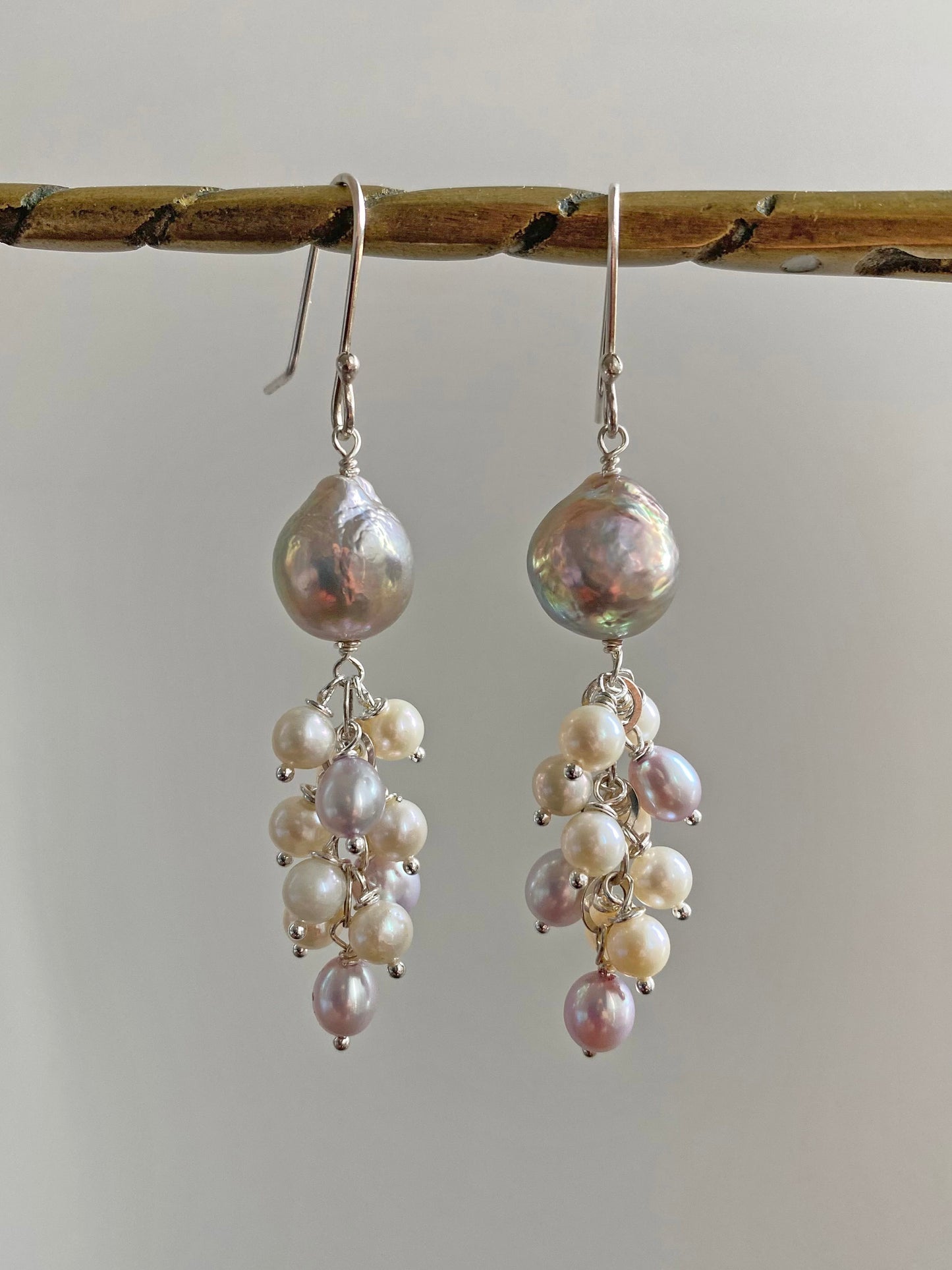 Grey and White Freshwater Pearl Jellyfish Earrings on Sterling Silver Wires by Linda Queally