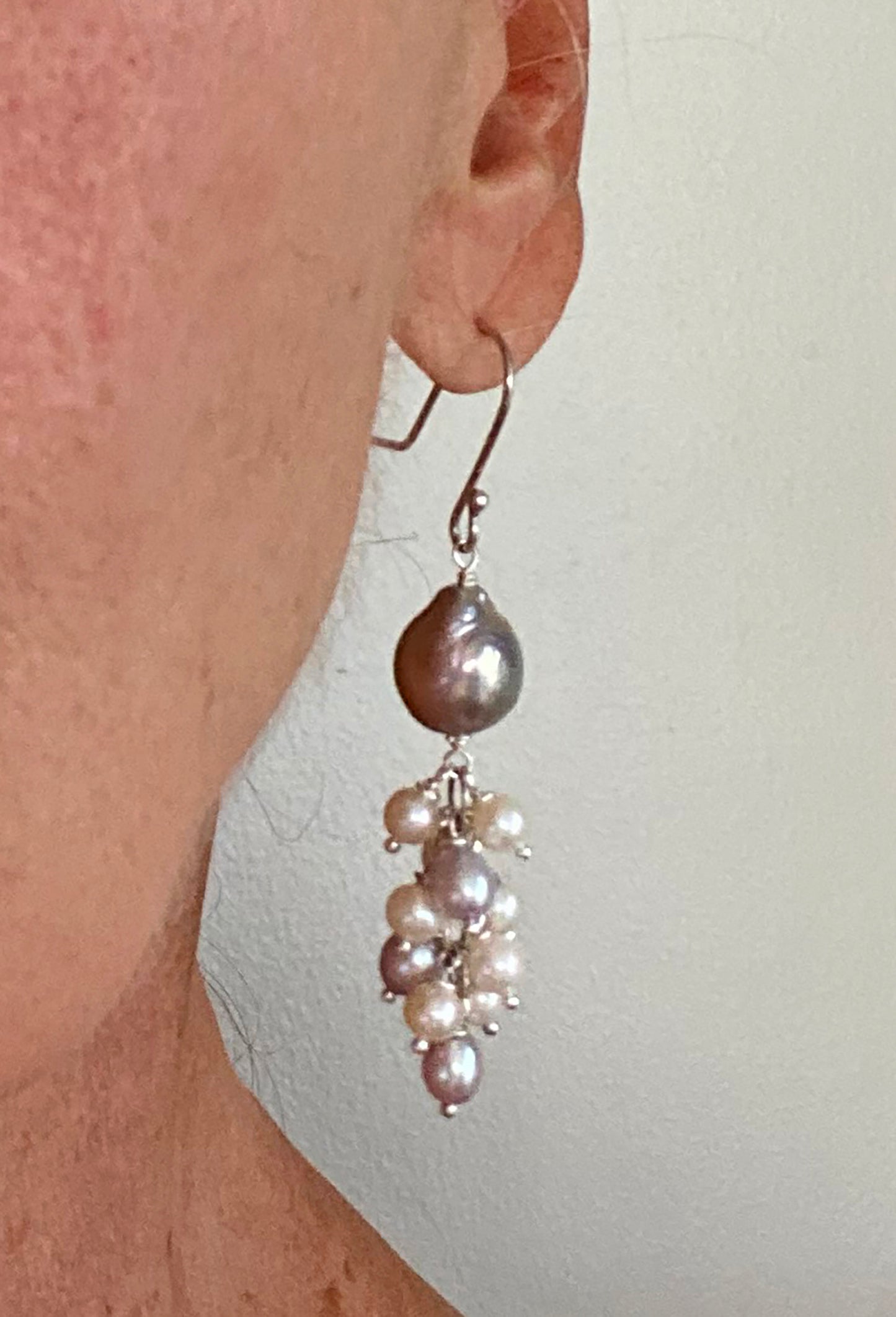 Grey and White Freshwater Pearl Jellyfish Earrings on Sterling Silver Wires by Linda Queally