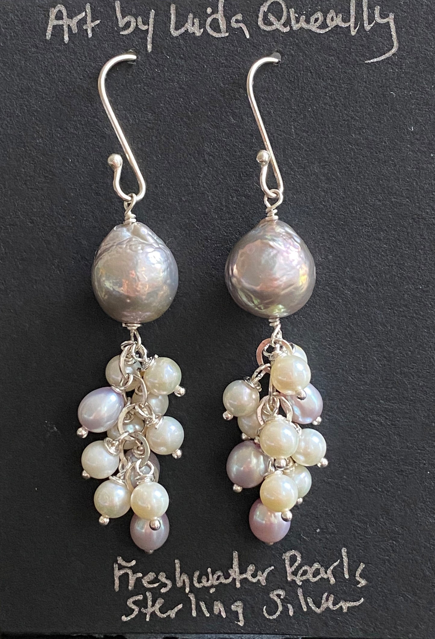 Grey and White Freshwater Pearl Jellyfish Earrings on Sterling Silver Wires by Linda Queally