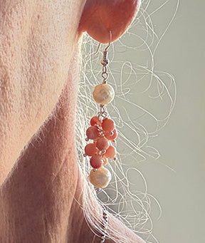 Faceted Freshwater Pearl and Angelskin Coral Cluster Drop Earrings on Sterling Silver Ear Wires by Linda Queally