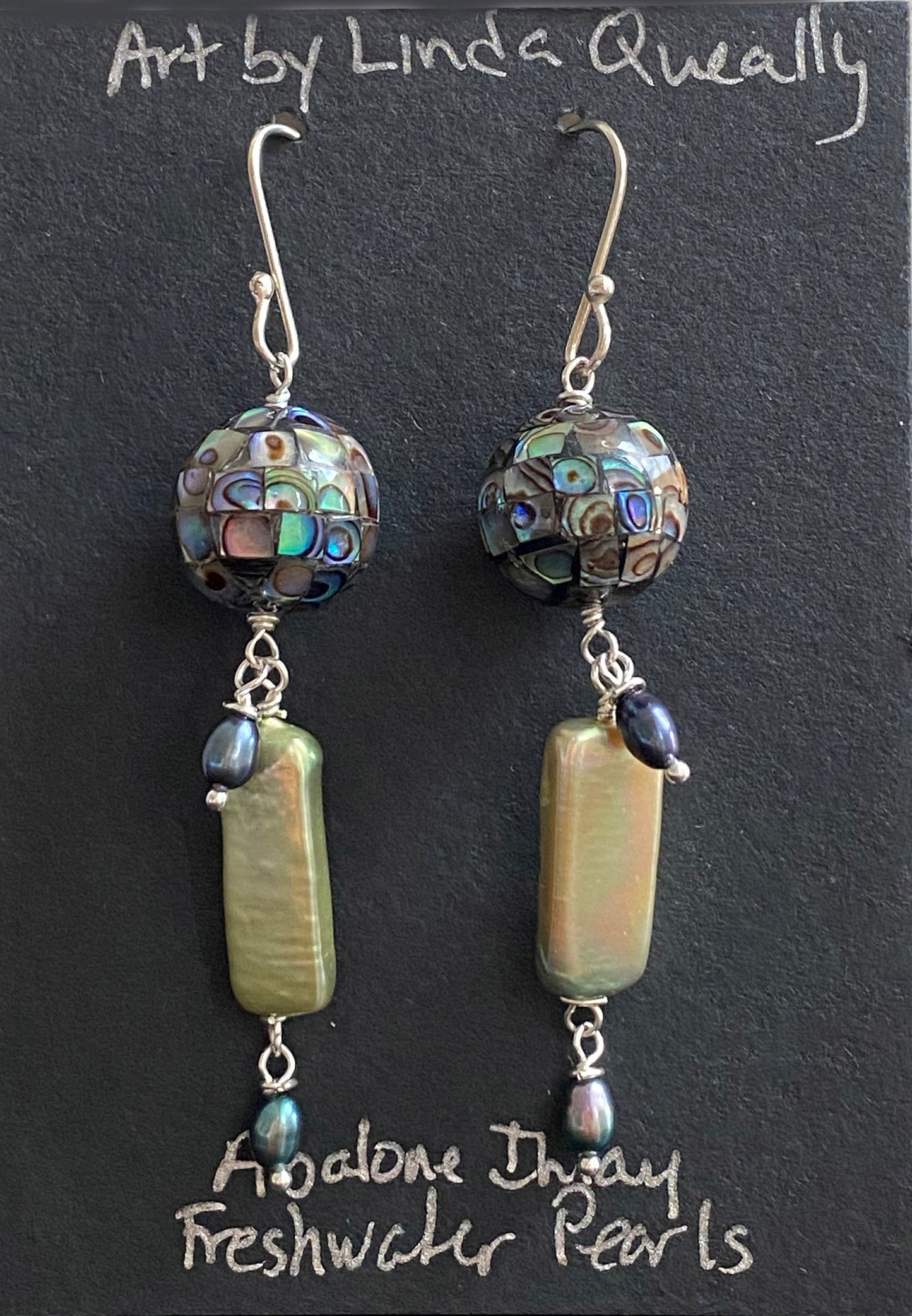 Abalone Inlay Mosaic with Lime Green Pearl Drop Abstract Jellyfish Earrings by Linda Queally