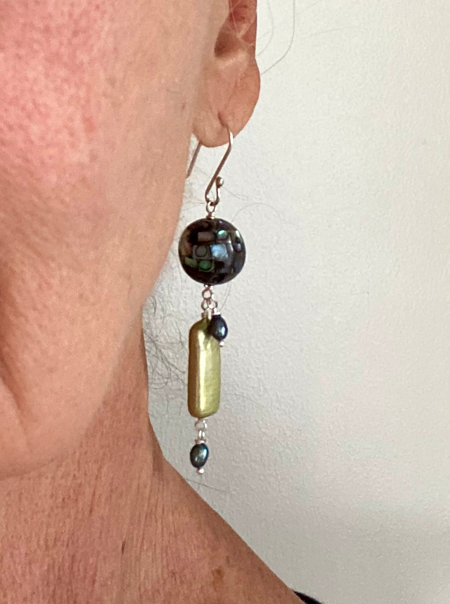 Abalone Inlay Mosaic with Lime Green Pearl Drop Abstract Jellyfish Earrings by Linda Queally