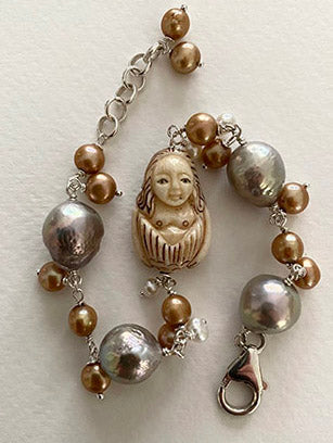 Carved Bone Mermaid Bracelet with Silver, Gold and White Freshwater Pearls by Linda Queally