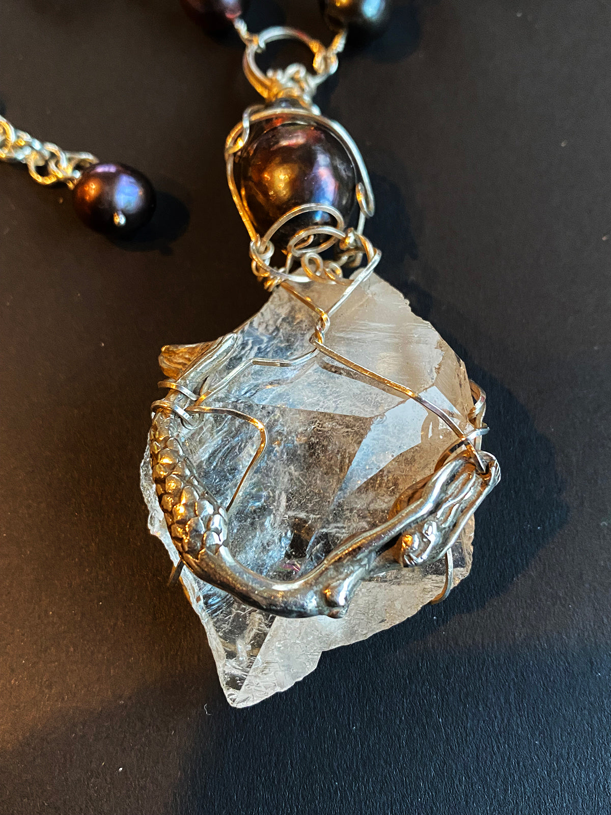 Mermaid on Quartz Crystal Art Necklace with Bronze Pearls and Sterling Silver by Linda & Lalo