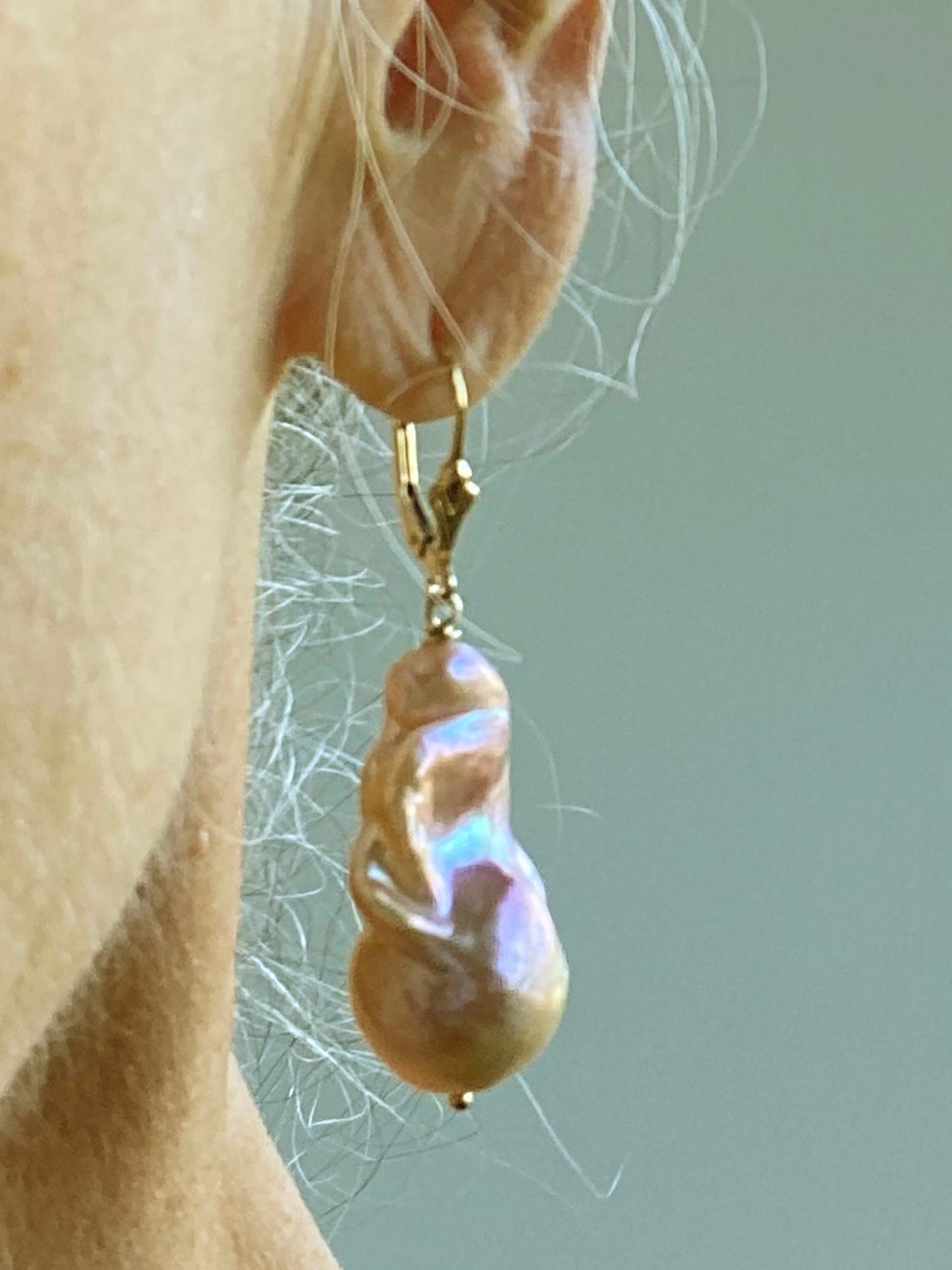 17-28mm Huge Peach Baroque Fireball Pearls with Lavender Flash on 14k GF Ear Wires by Linda Queally