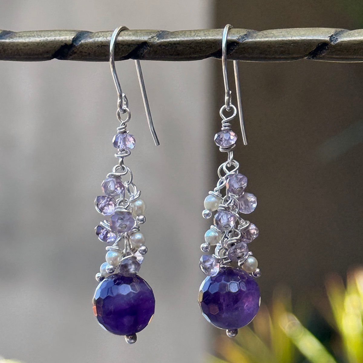 Amethyst and Pearl Upside Down Jellyfish Earrings on Sterling Silver by Linda Queally