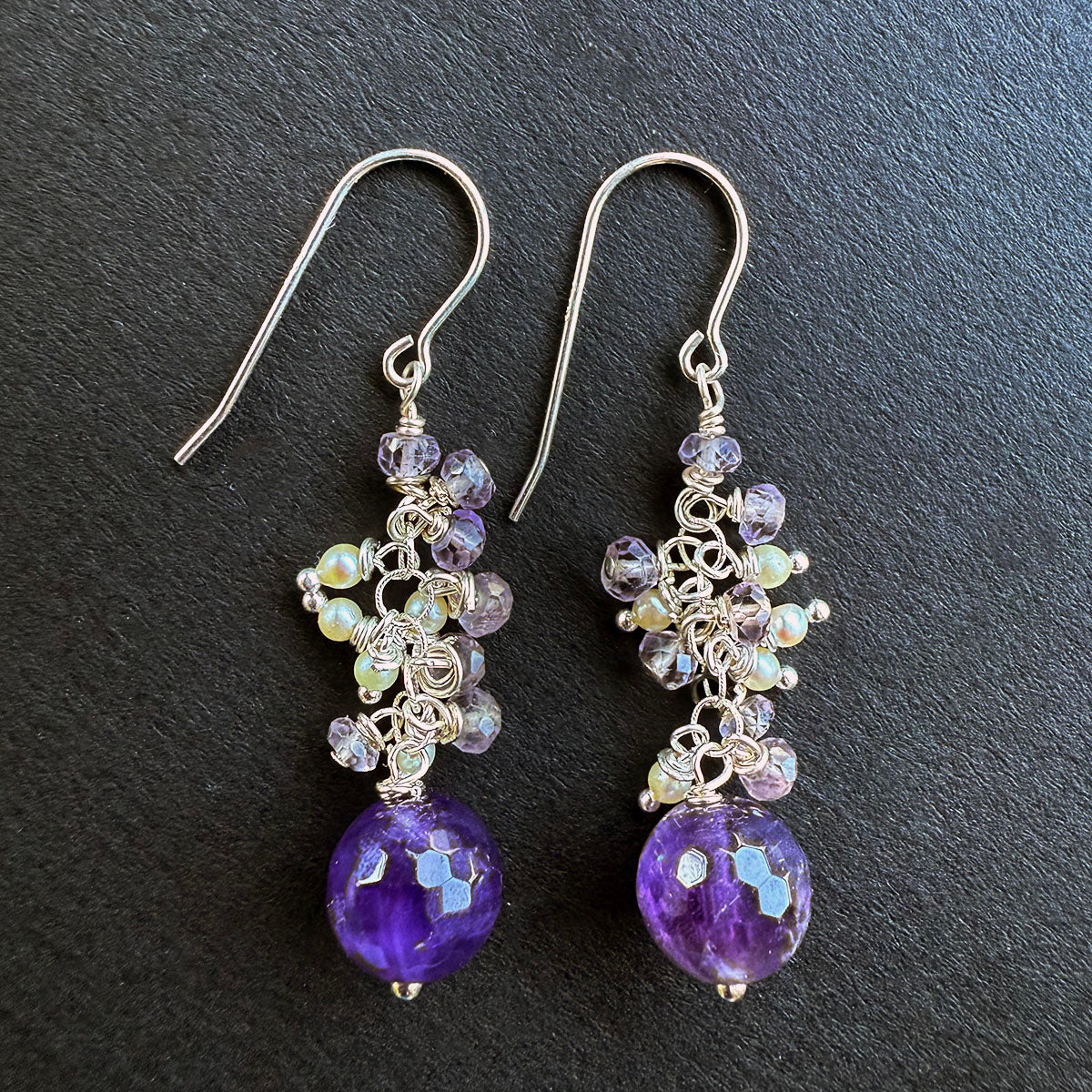 Amethyst and Pearl Upside Down Jellyfish Earrings on Sterling Silver by Linda Queally