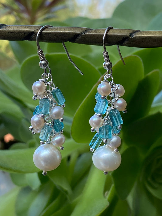 Pearl and Blue Apatite Upside Down Jellyfish Earrings by Linda Queally