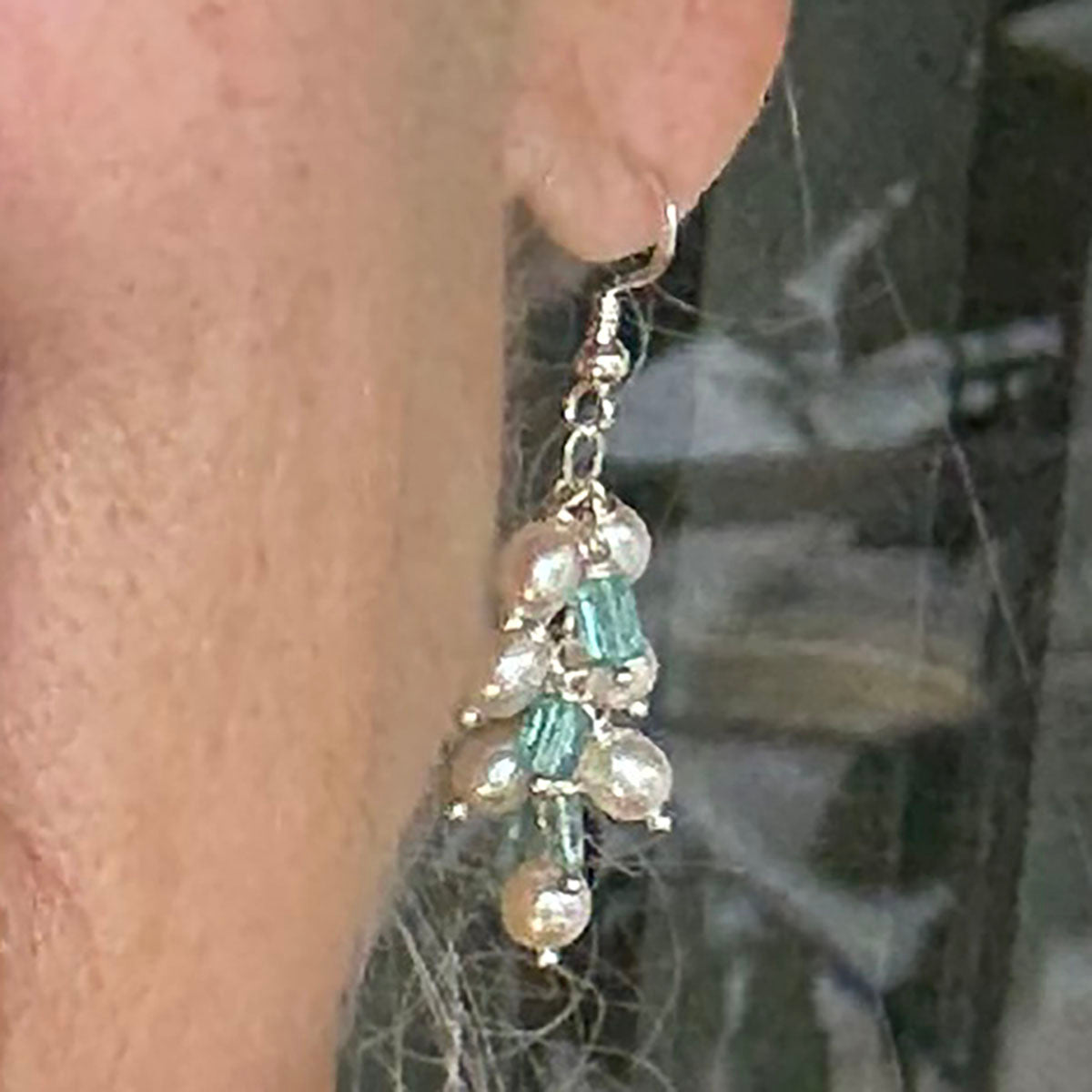 Blue Apatite and Pearl Cluster Drop Earrings on Sterling Silver by Linda Queally