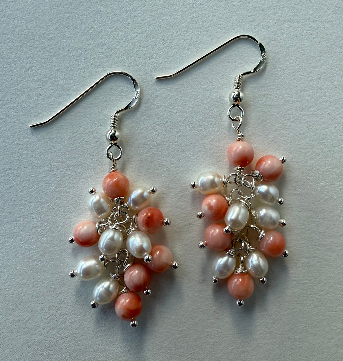 Pearl and Angelskin Coral Jellyfish Earrings on Sterling Silver by Linda Queally