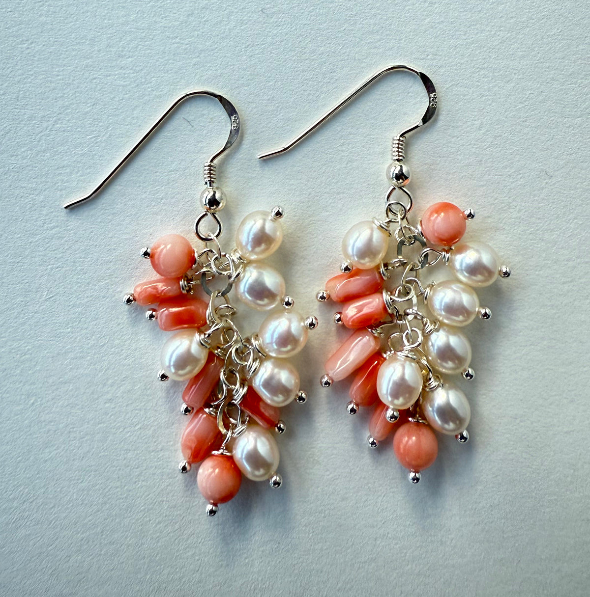 Freshwater Pearl and Mixed Angelskin Coral Earrings on Sterling Silver Wires by Linda Queally