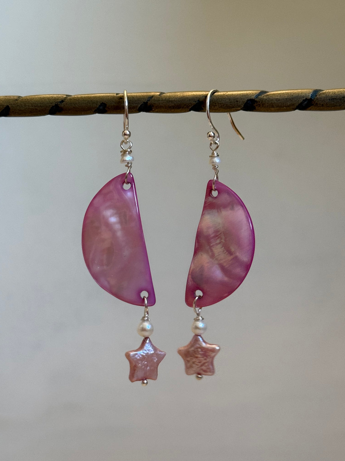 Fuschia Moon and Pink Star Shell & Pearl Earrings by Linda Queally