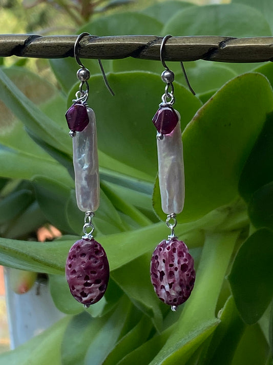 Long White Pearl with Purple Spiny Oyster and Garnet Earrings by Linda Queally