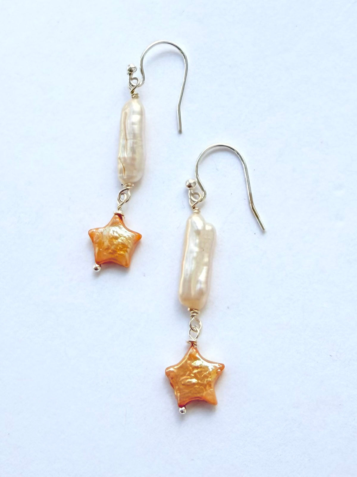 Gold Star With Long White Pearl Earrings by Linda Queally