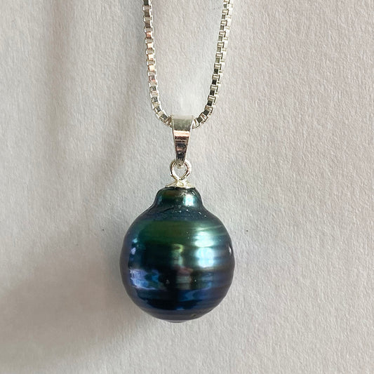 11-13mm Blue Green Tahitian Ringed Pearl on Sterling Silver by Linda Queally