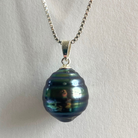 11-13mm Green and Blue Tahitian Ringed Pearl Pendant by Linda Queally