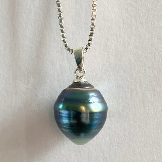 11-13mm Blue Green and Grey Tahitian Circle Pearl on Sterling Silver by Linda Queally
