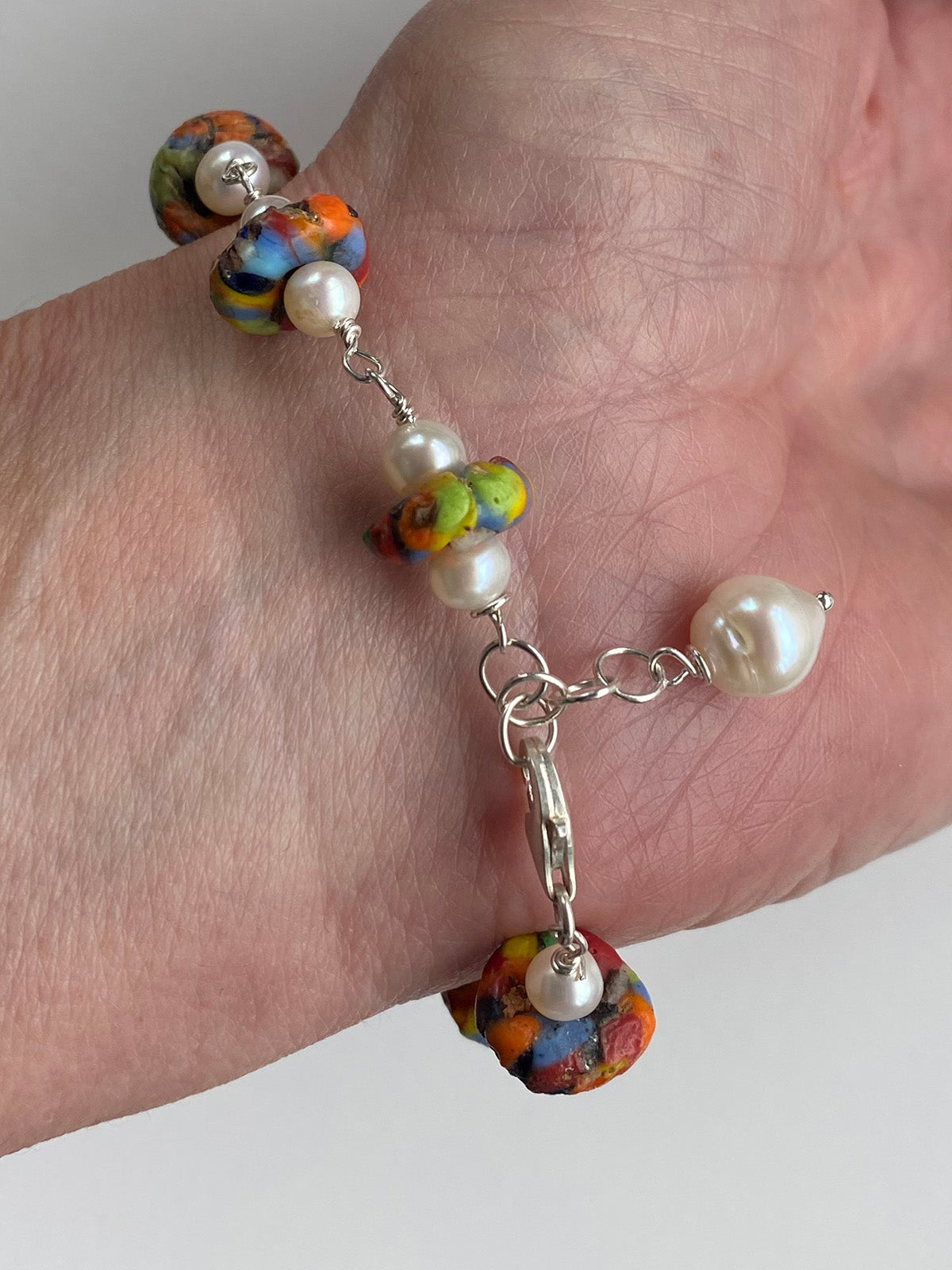 African Recycled Glass and Freshwater Pearl Bracelet by Linda Queally