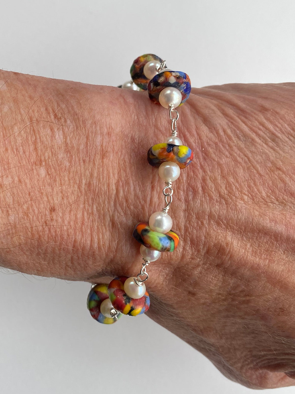 African Recycled Glass and Freshwater Pearl Bracelet by Linda Queally