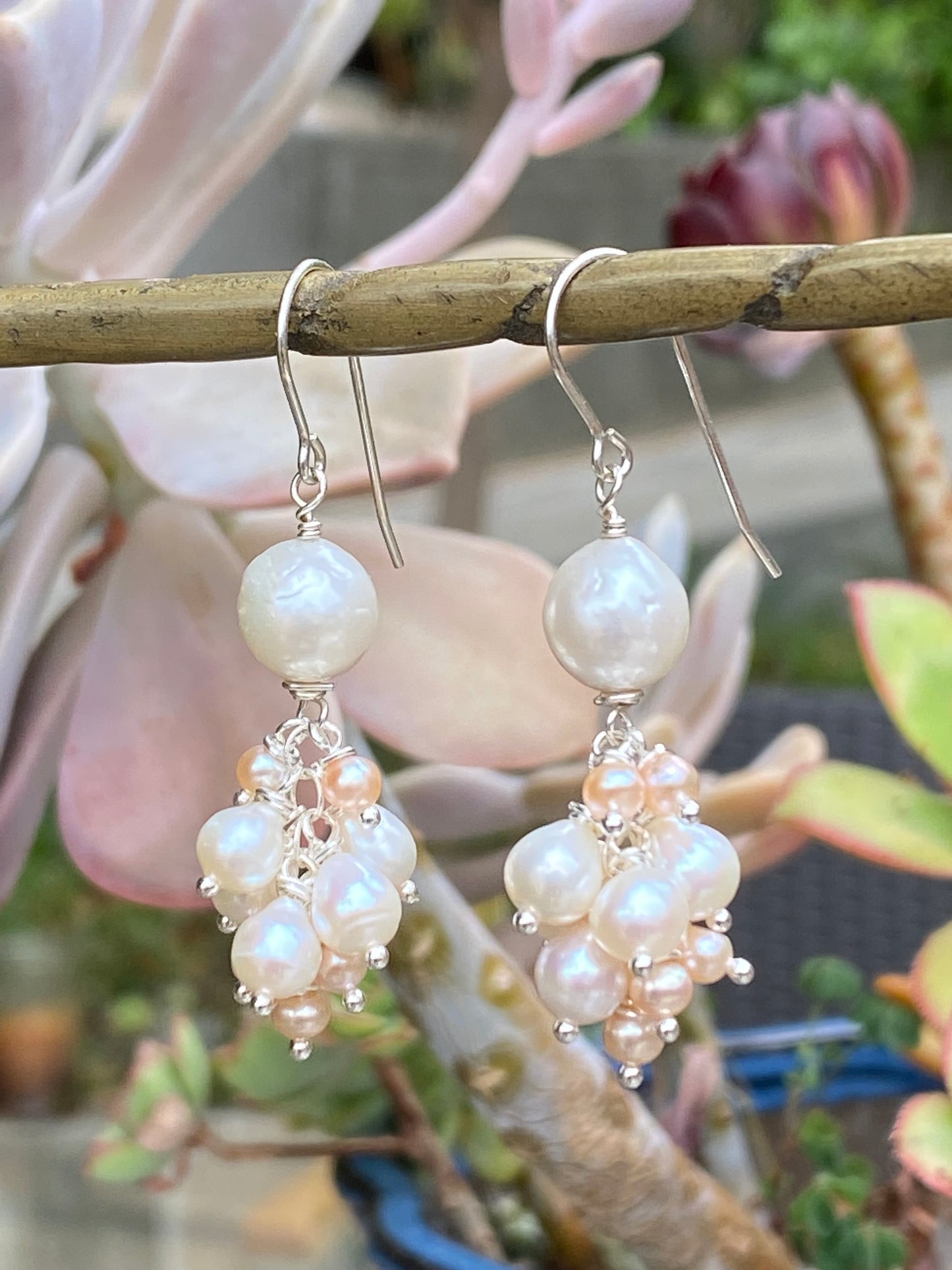 Pink and White Pearl Jellyfish Earrings on Sterling Silver Wires by Linda Queally