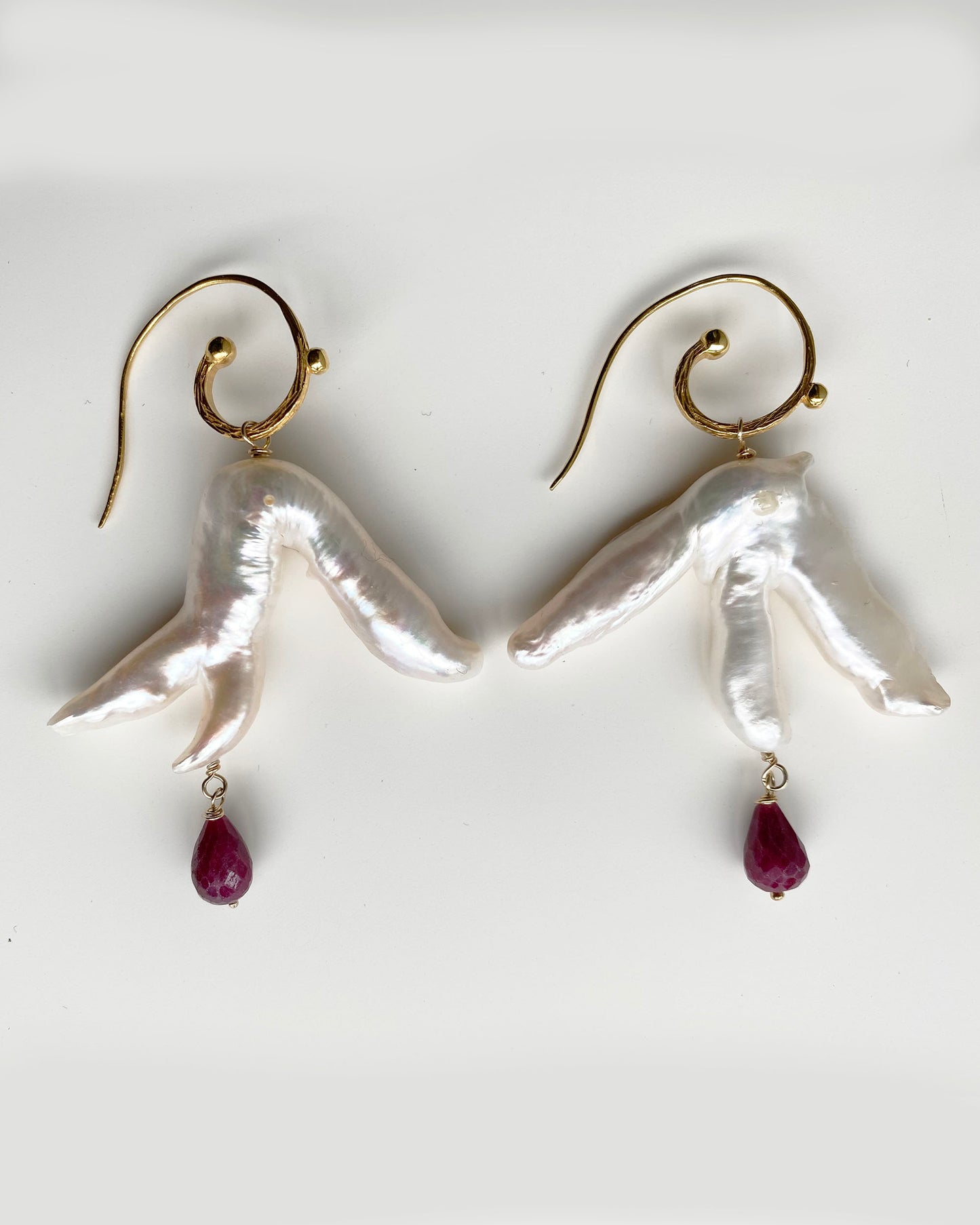 Stunning Baroque Branch Pearls with Ruby Drop on Gold Vermeil Spiral Ear Wires