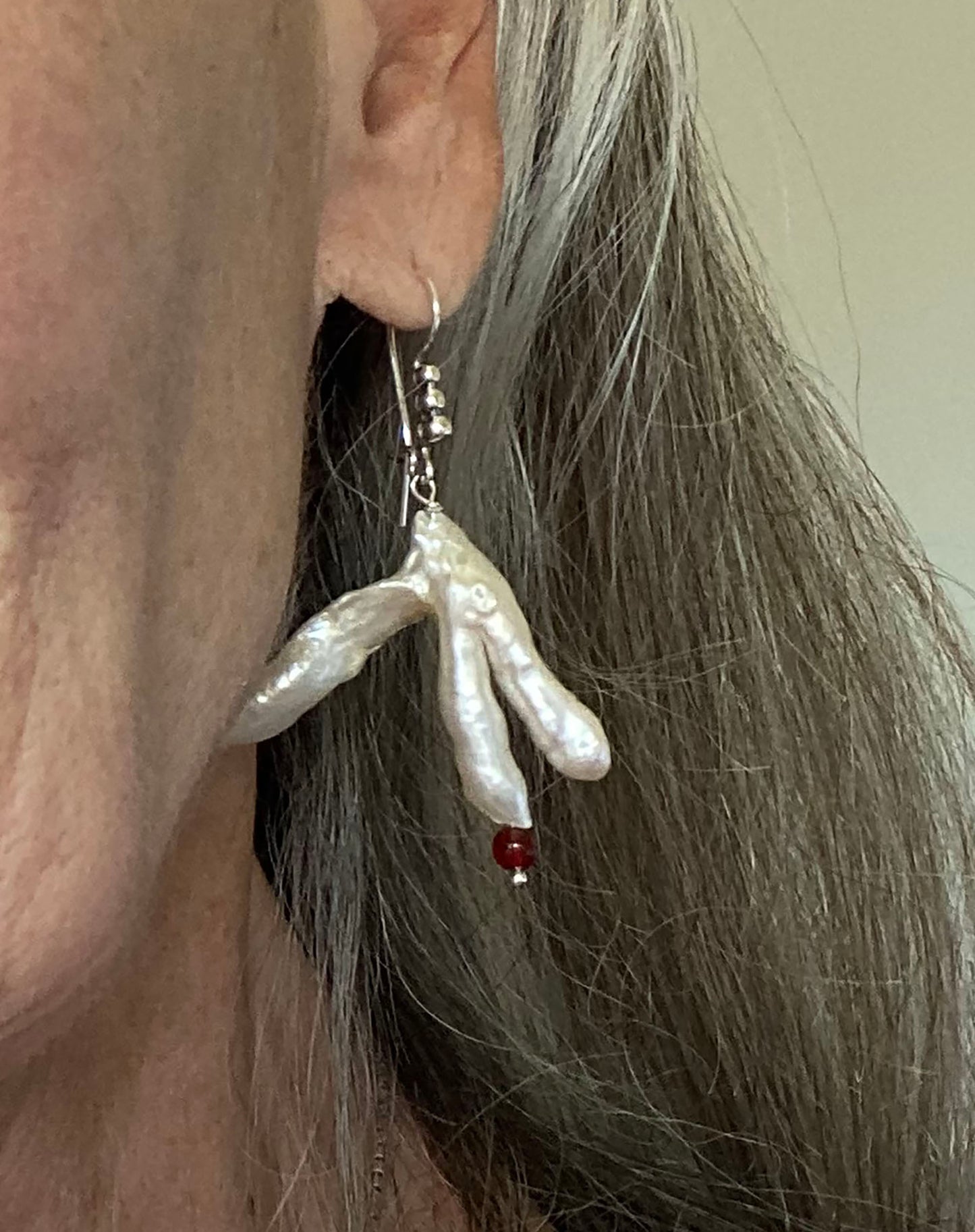 Large White Baroque Branch Pearl Earrings with Spessartite Garnet Bead on Sterling Silver Wires