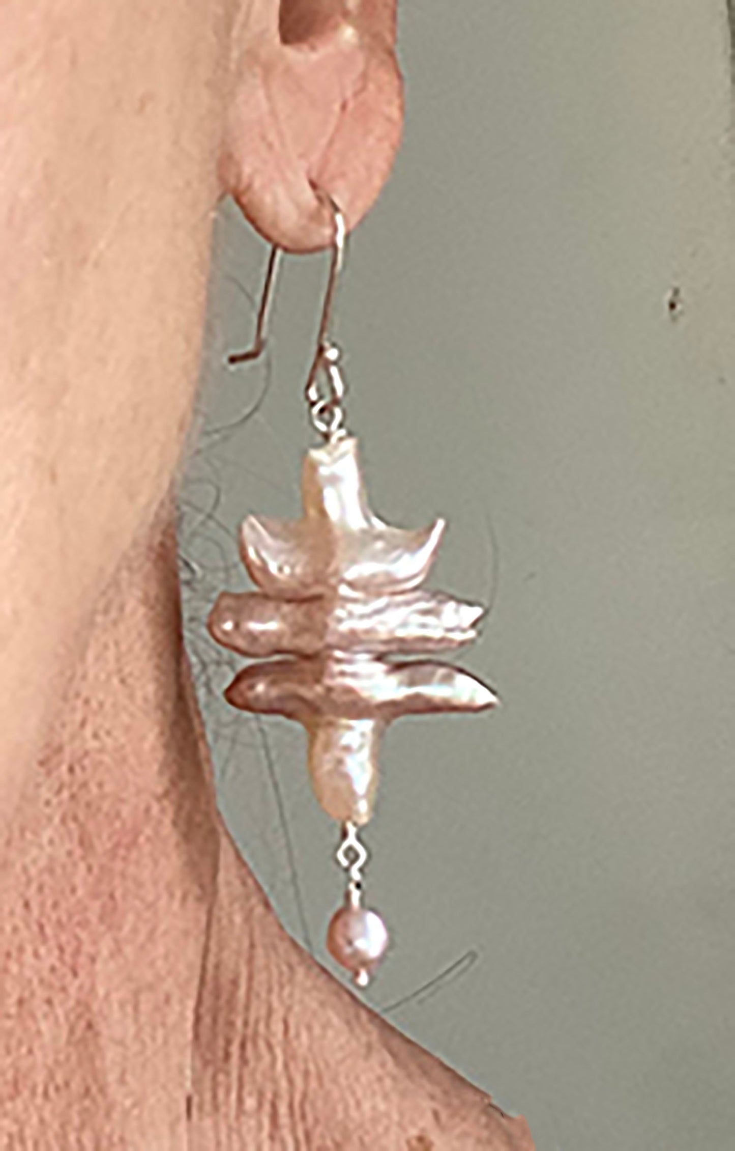 Pagoda Shaped 26-36mm Freshwater Pearl Earrings with Drop on Sterling Silver Wires by Linda Queally
