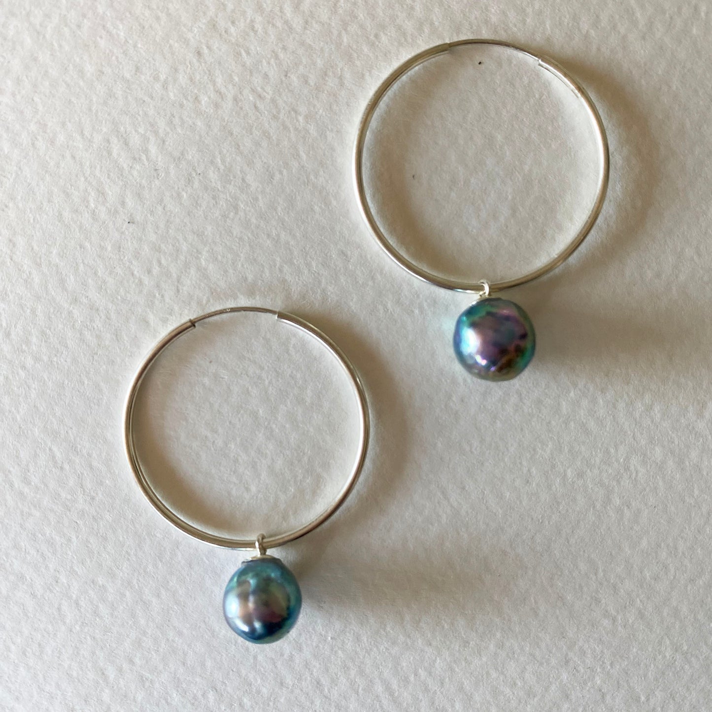 Blue Akoya Pearls on Sterling Silver Hoops #1 by Linda Queally