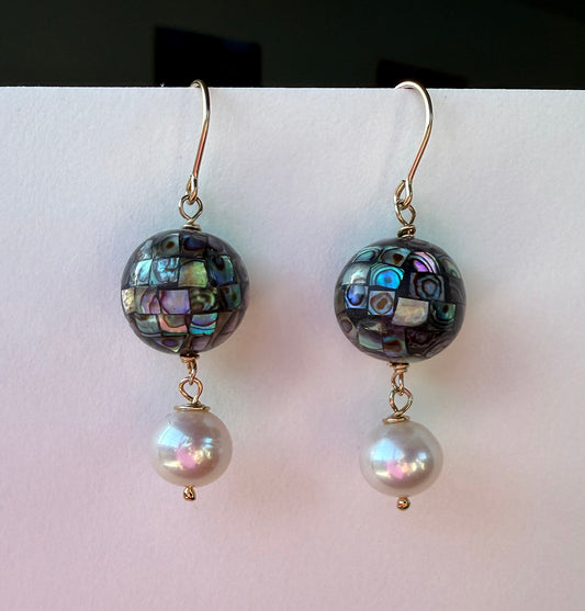 Abalone Inlay Mosaic Earrings with Pearl Drop on 14k GF Ear Wires by Linda Queally